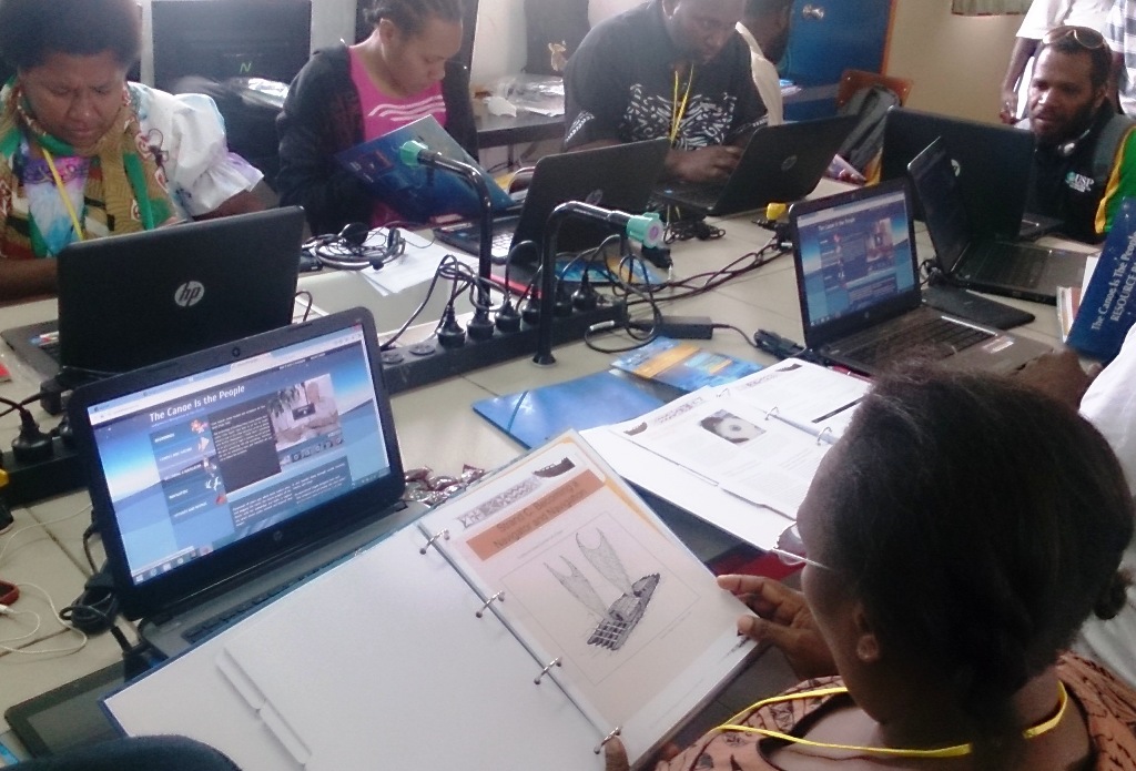 Participants studying curricular resource packs from UNESCO during the Local Content training session.