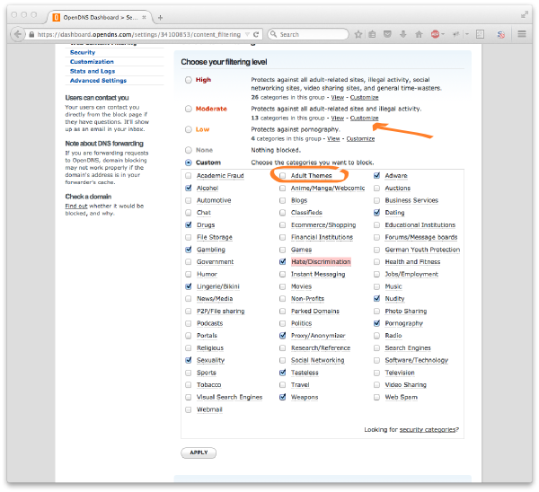 OpenDNS filtering categories
