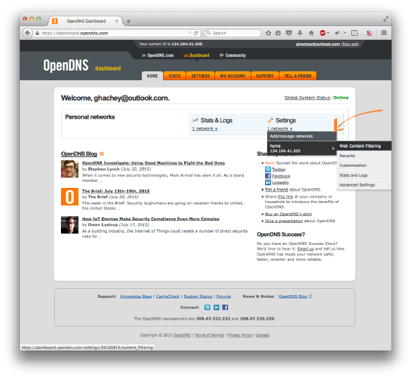 OpenDNS filtering home page