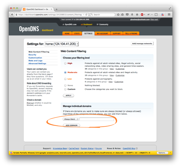 OpenDNS filtering single domain