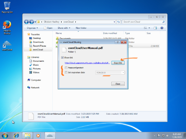 Windows 7 sharing an ownCloud synced file link