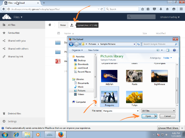 ownCloud browser upload file